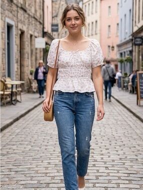 White Floral Puff-Sleeve Smocked Peplum Top